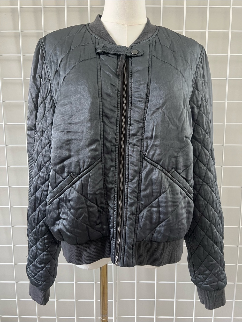 Marrakech Anthropologie Quilted Zip Bomber Jacket Women’s Sz L Metallic Gray